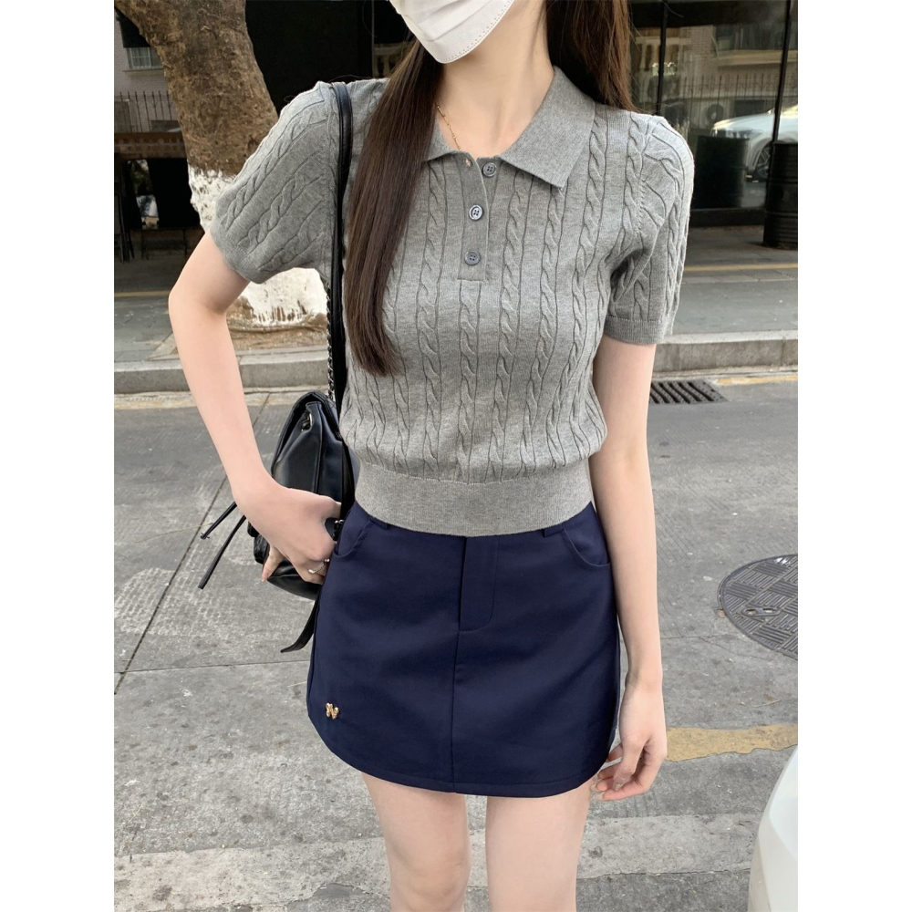 初秋。減齡學院風 麻花螺紋 polo領收腰正肩細針織短款上衣-Euphoria Store-細節圖7