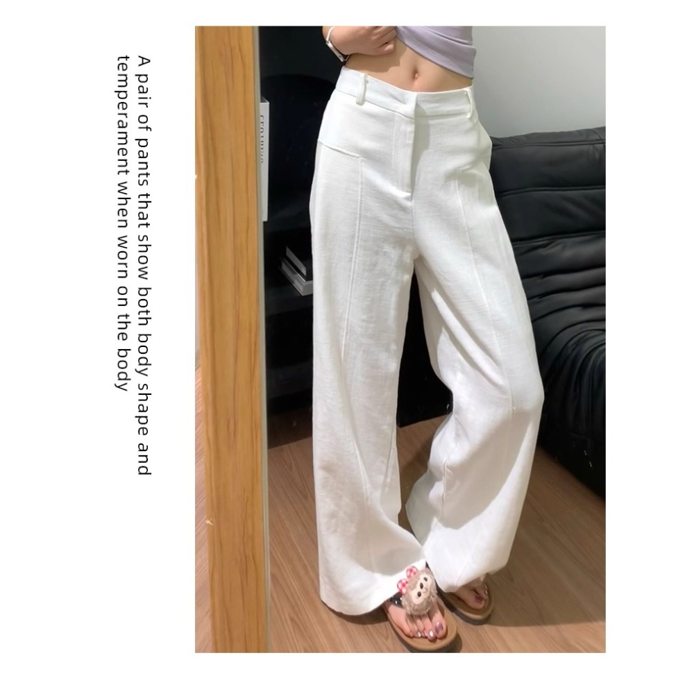 店主私著。輕鬆穿出大長腿 梨型身必備 顯瘦收胯高腰打折寬鬆闊腿褲水洗棉麻西裝長褲-Euphoria Store-細節圖3