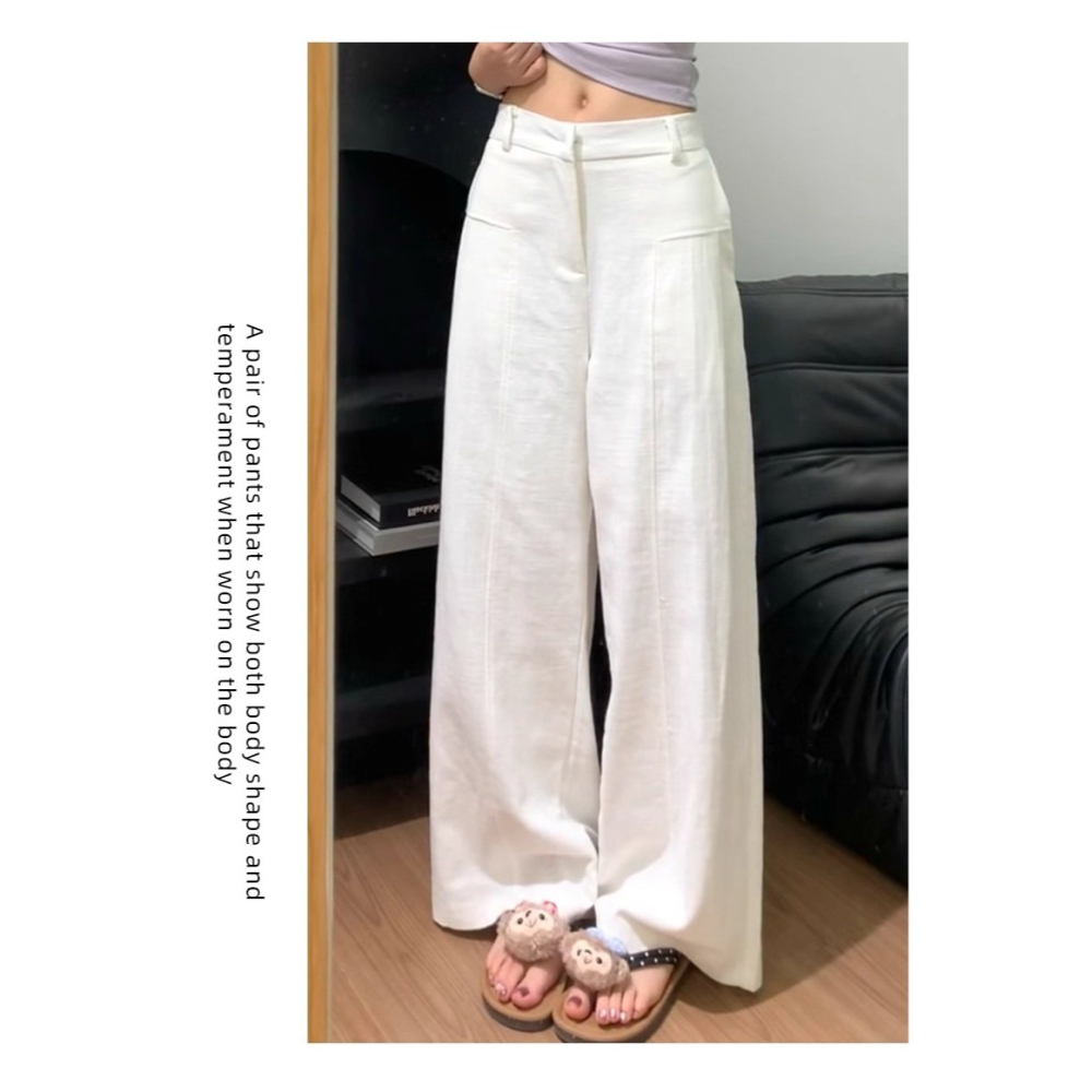 店主私著。輕鬆穿出大長腿 梨型身必備 顯瘦收胯高腰打折寬鬆闊腿褲水洗棉麻西裝長褲-Euphoria Store-細節圖4
