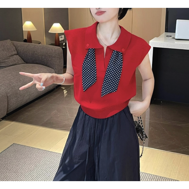 初秋。氣質又減齡 絲巾繫帶翻領polo領 收腰顯瘦正肩小飛袖短袖細針織上衣-Euphoria Store-規格圖7