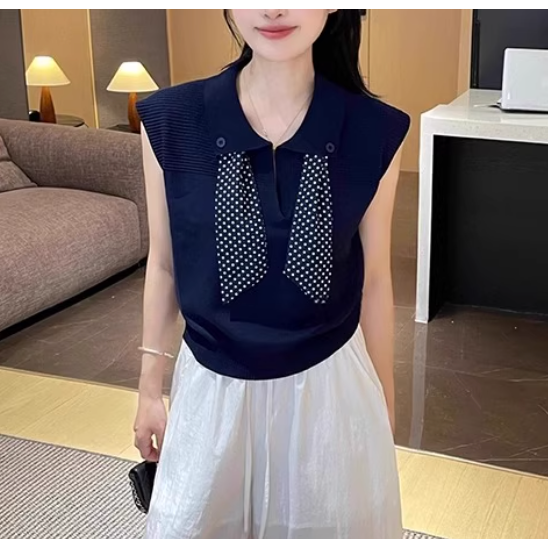 初秋。氣質又減齡 絲巾繫帶翻領polo領 收腰顯瘦正肩小飛袖短袖細針織上衣-Euphoria Store-規格圖7