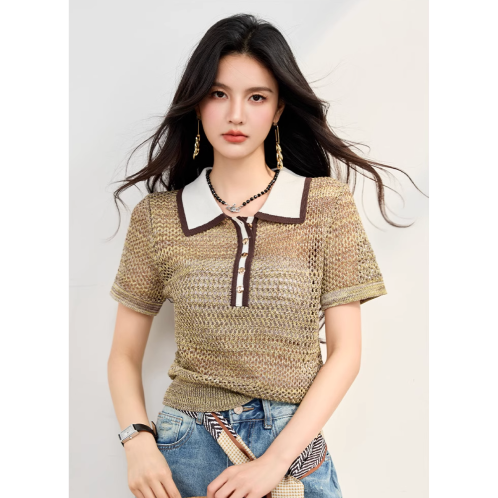 初秋。歐美大牌風 復古撞色 單排扣 翻領polo領 微透薄款薄款針織毛衣上衣-Euphoria Store-細節圖2