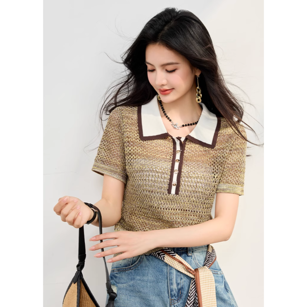 初秋。歐美大牌風 復古撞色 單排扣 翻領polo領 微透薄款薄款針織毛衣上衣-Euphoria Store-細節圖3