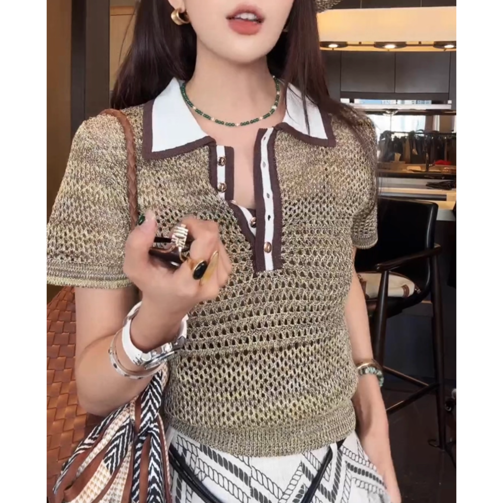 初秋。歐美大牌風 復古撞色 單排扣 翻領polo領 微透薄款薄款針織毛衣上衣-Euphoria Store-細節圖4