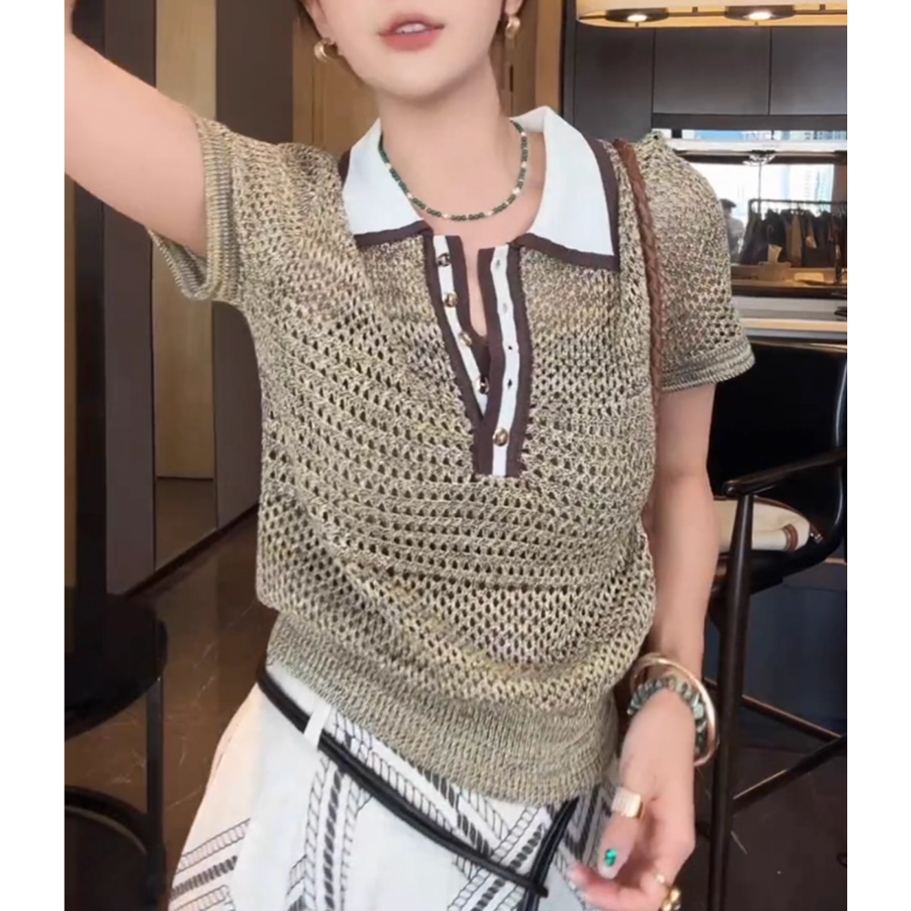 初秋。歐美大牌風 復古撞色 單排扣 翻領polo領 微透薄款薄款針織毛衣上衣-Euphoria Store-細節圖5