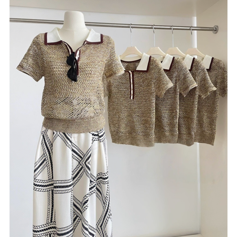 初秋。歐美大牌風 復古撞色 單排扣 翻領polo領 微透薄款薄款針織毛衣上衣-Euphoria Store-細節圖6