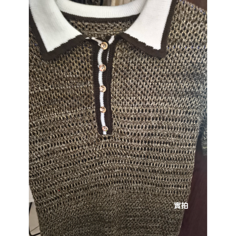 初秋。歐美大牌風 復古撞色 單排扣 翻領polo領 微透薄款薄款針織毛衣上衣-Euphoria Store-細節圖7