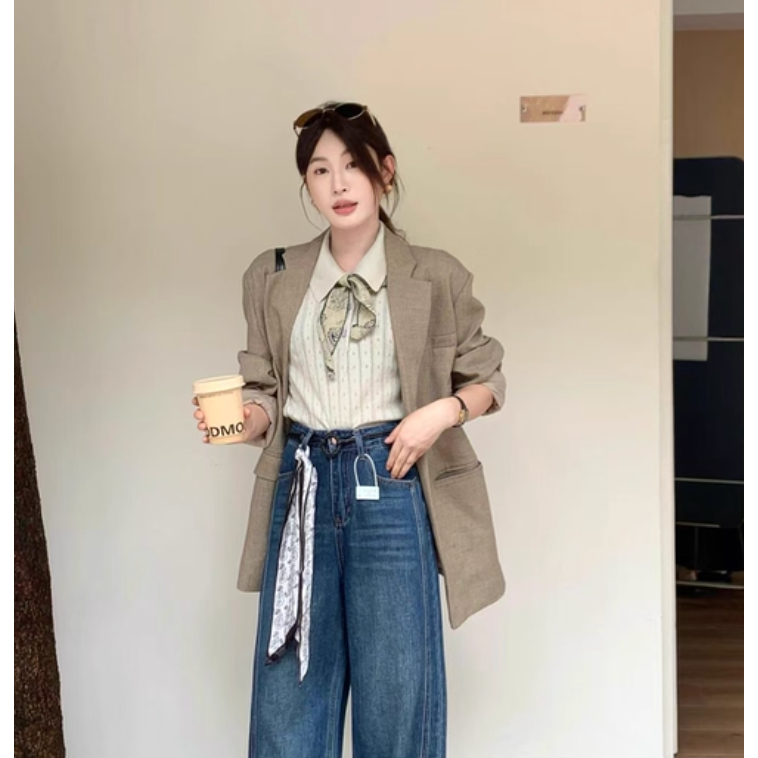 初秋。韓系chic 簡約氣質通勤百搭  絲巾繫帶翻領polo領單排扣鏤空緹花細針織短袖上衣-Euphoria Store-細節圖3