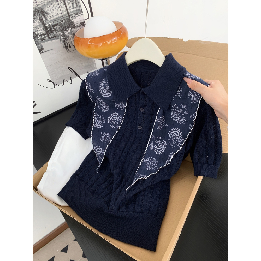 初秋。韓系chic 簡約氣質通勤百搭  絲巾繫帶翻領polo領單排扣鏤空緹花細針織短袖上衣-Euphoria Store-細節圖4