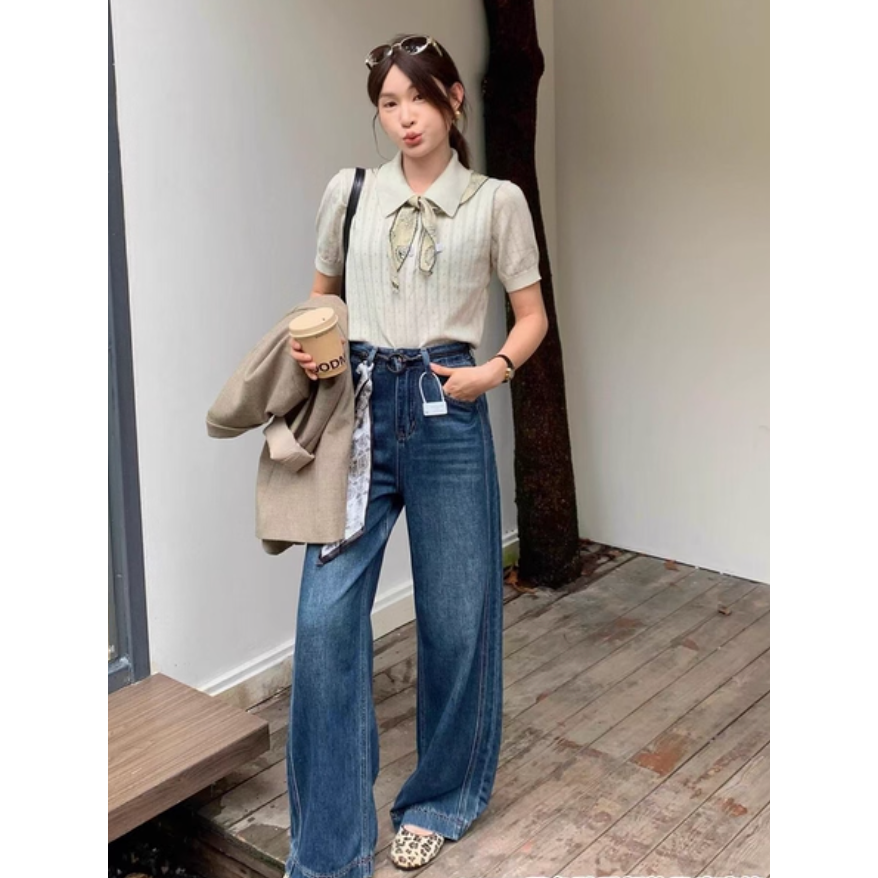 初秋。韓系chic 簡約氣質通勤百搭  絲巾繫帶翻領polo領單排扣鏤空緹花細針織短袖上衣-Euphoria Store-細節圖5