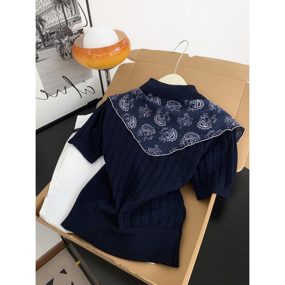 初秋。韓系chic 簡約氣質通勤百搭  絲巾繫帶翻領polo領單排扣鏤空緹花細針織短袖上衣-Euphoria Store-細節圖7