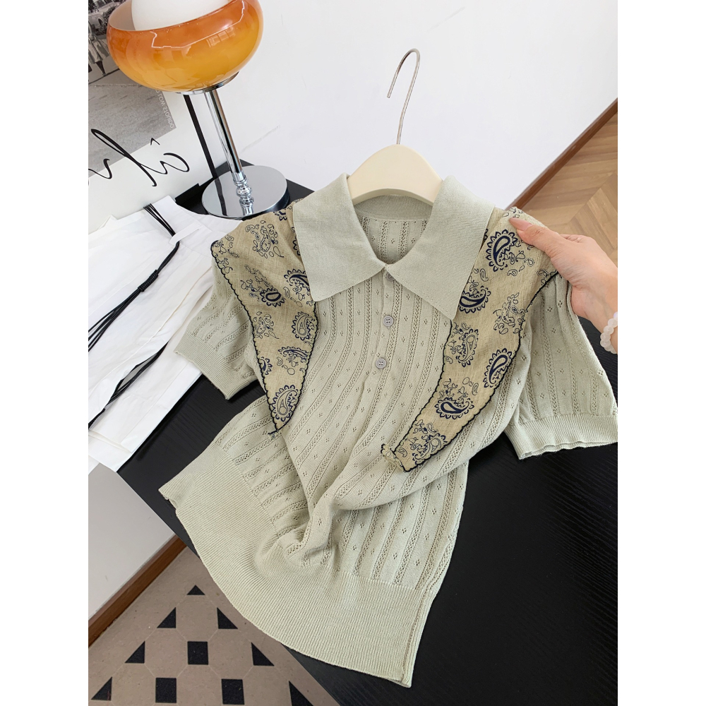 初秋。韓系chic 簡約氣質通勤百搭  絲巾繫帶翻領polo領單排扣鏤空緹花細針織短袖上衣-Euphoria Store-細節圖8