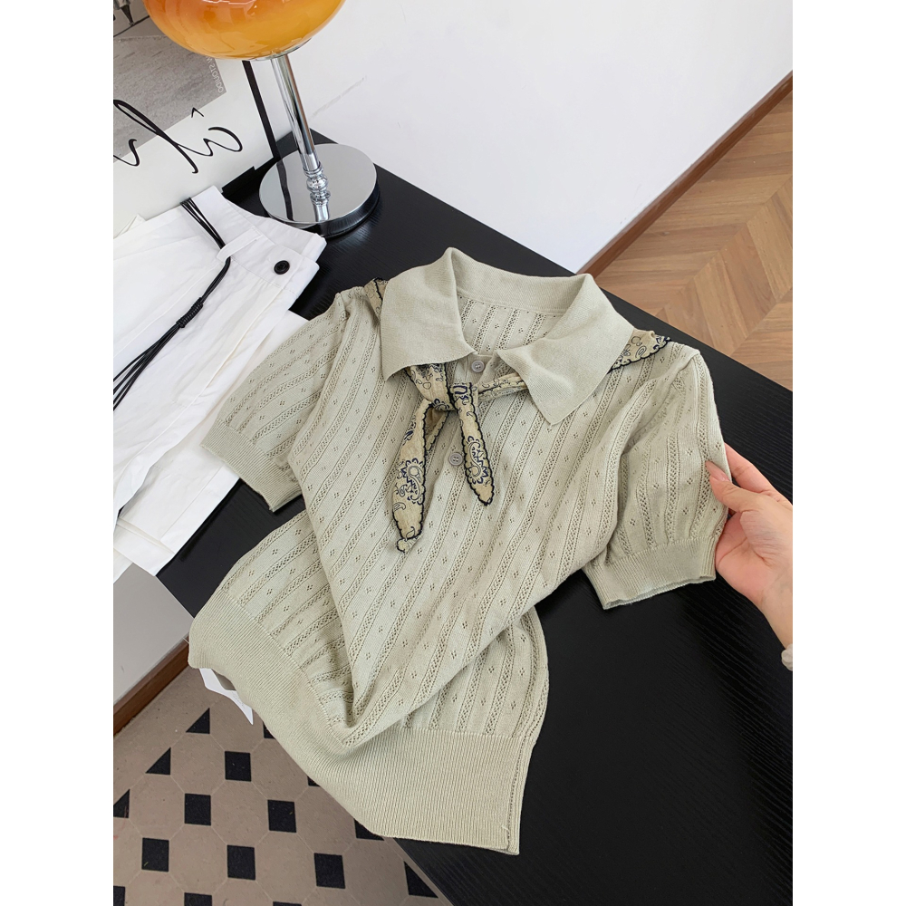 初秋。韓系chic 簡約氣質通勤百搭  絲巾繫帶翻領polo領單排扣鏤空緹花細針織短袖上衣-Euphoria Store-細節圖9
