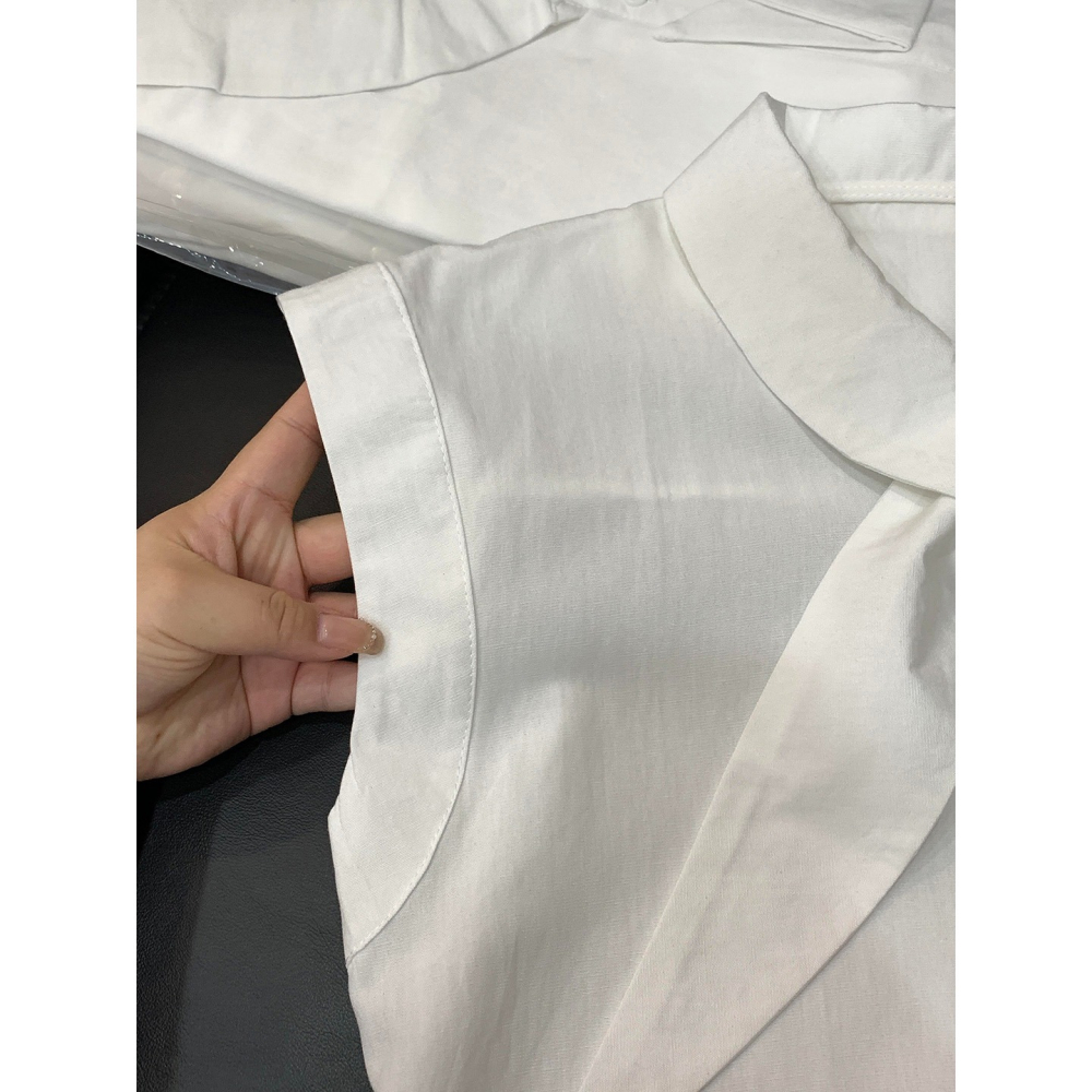 夏。法式甜美氣質 通勤百搭 領口飄帶設計 短袖小包袖白色襯衫上衣-Euphoria Store-細節圖2