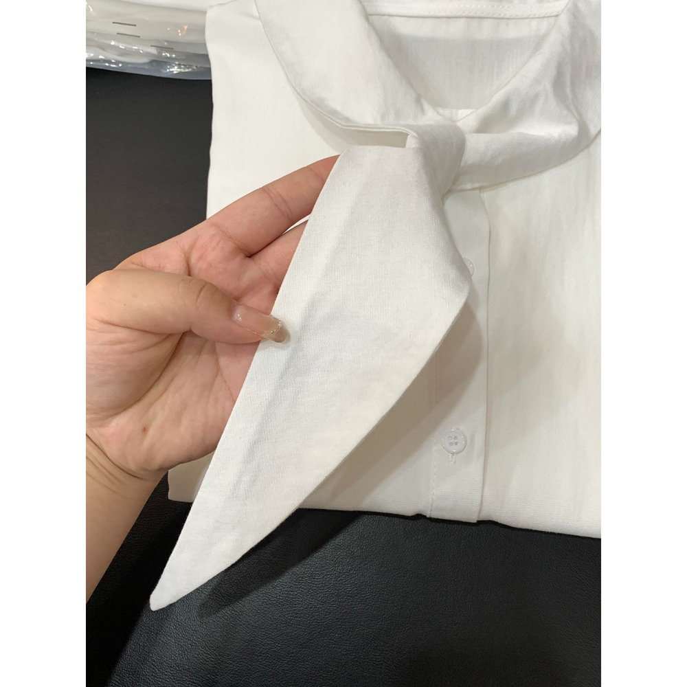 夏。法式甜美氣質 通勤百搭 領口飄帶設計 短袖小包袖白色襯衫上衣-Euphoria Store-細節圖3