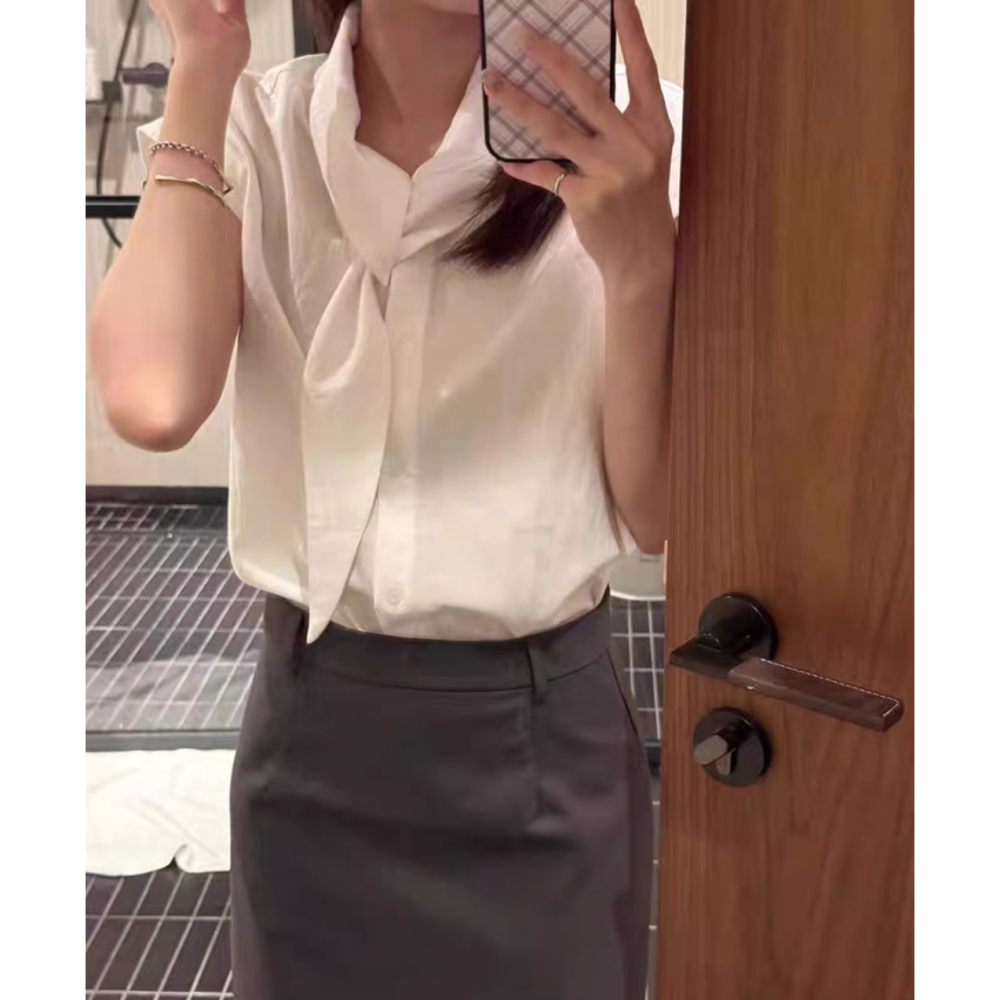 夏。法式甜美氣質 通勤百搭 領口飄帶設計 短袖小包袖白色襯衫上衣-Euphoria Store-細節圖6