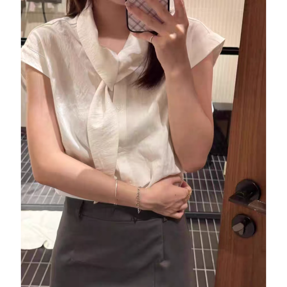 夏。法式甜美氣質 通勤百搭 領口飄帶設計 短袖小包袖白色襯衫上衣-Euphoria Store-細節圖7