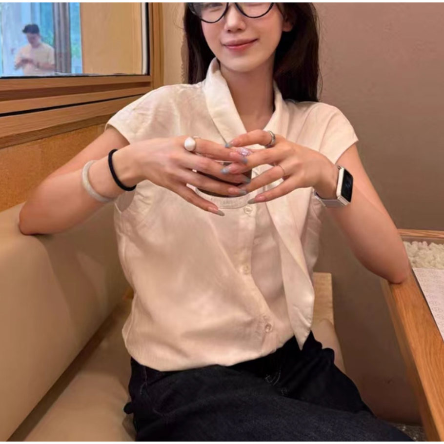 夏。法式甜美氣質 通勤百搭 領口飄帶設計 短袖小包袖白色襯衫上衣-Euphoria Store-細節圖8