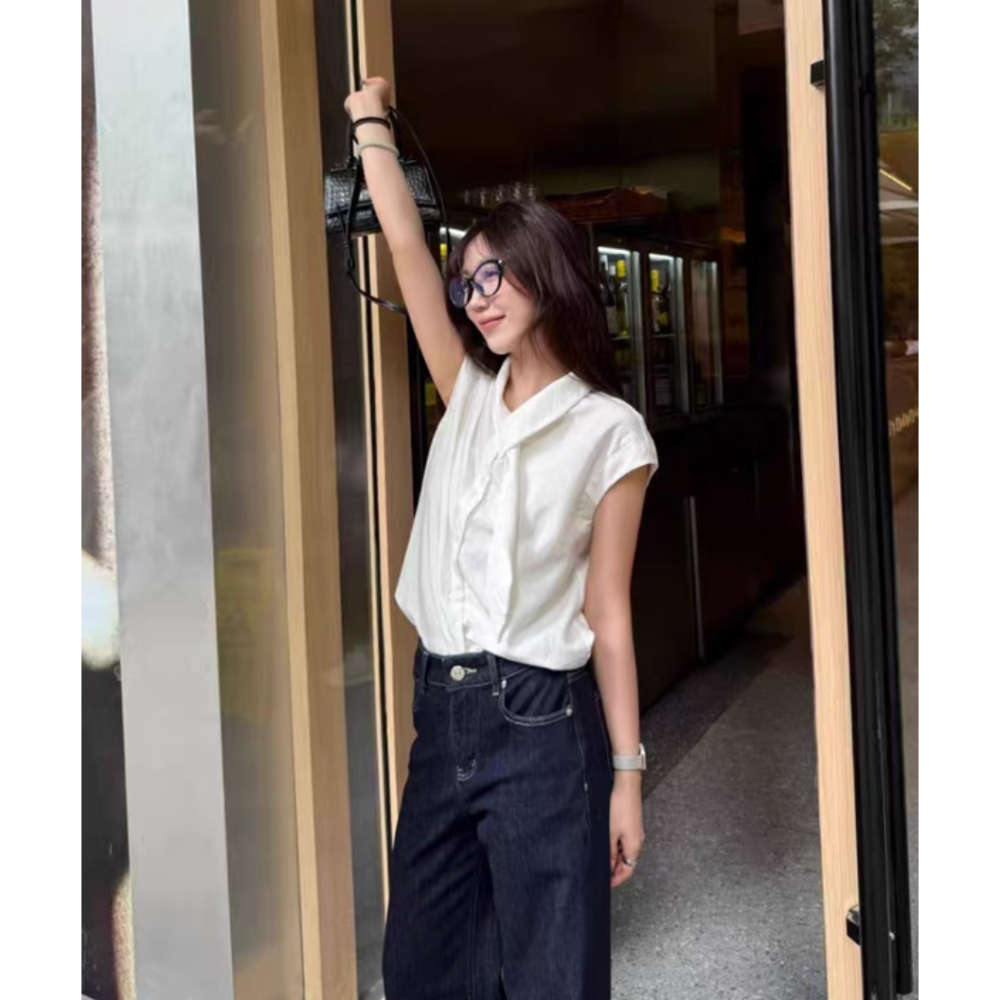 夏。法式甜美氣質 通勤百搭 領口飄帶設計 短袖小包袖白色襯衫上衣-Euphoria Store-細節圖9