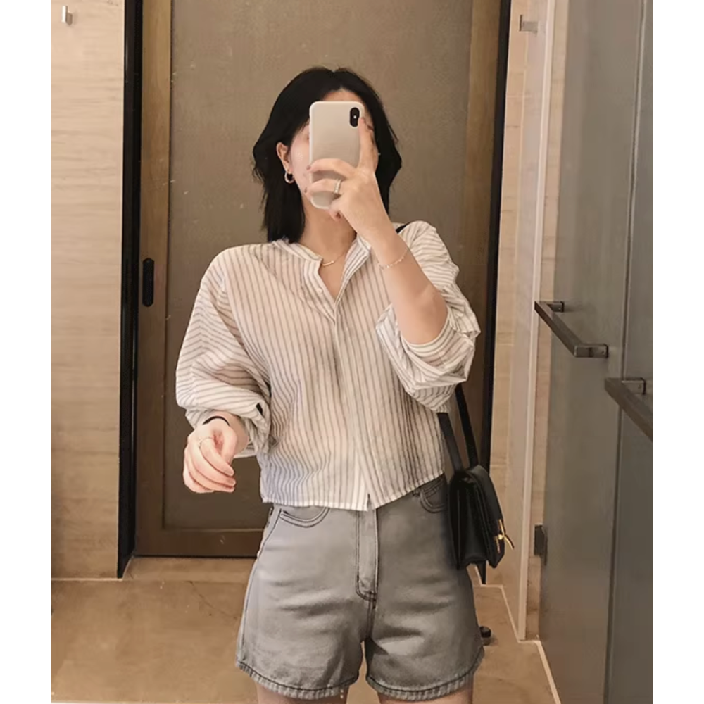 初秋。簡約知性氣質百搭 細豎條寬鬆修身短款長袖襯衫防曬上衣薄款外套-Euphoria Store-細節圖4