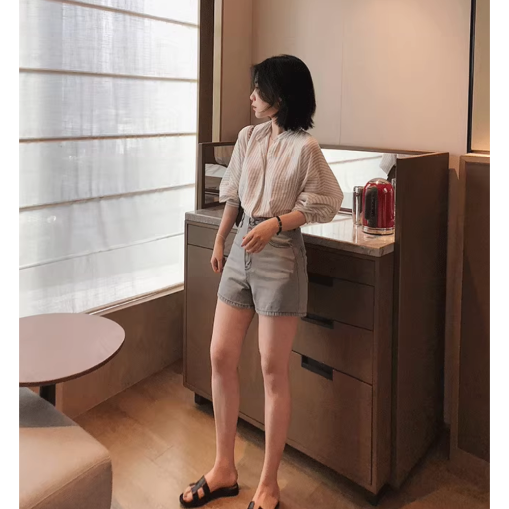 初秋。簡約知性氣質百搭 細豎條寬鬆修身短款長袖襯衫防曬上衣薄款外套-Euphoria Store-細節圖5