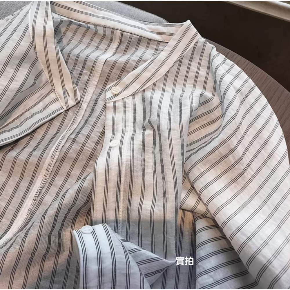 初秋。簡約知性氣質百搭 細豎條寬鬆修身短款長袖襯衫防曬上衣薄款外套-Euphoria Store-細節圖8