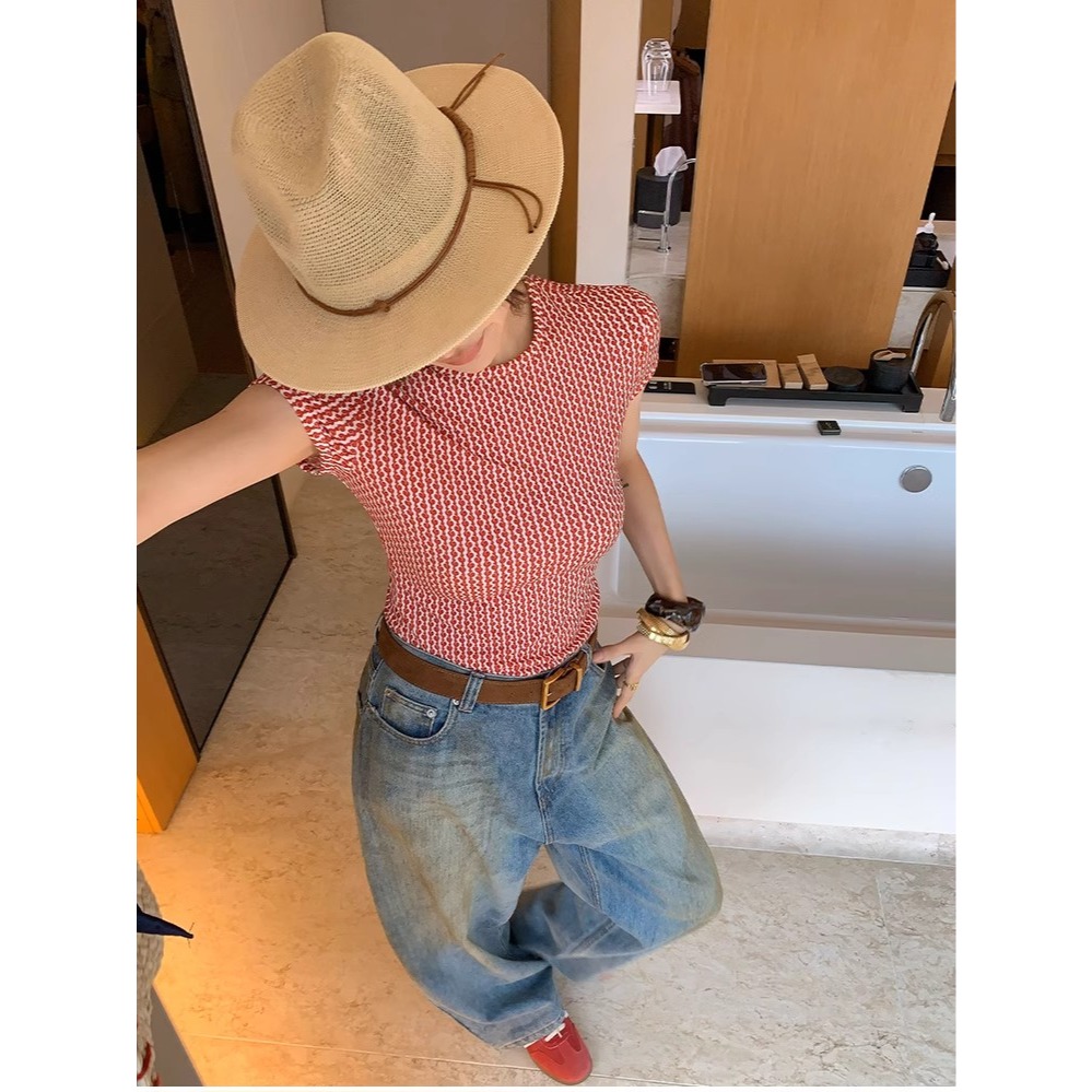 夏。極簡帶點設計 個性幾何印花 修身顯瘦小圓領短袖T恤上衣-Euphoria Store-細節圖5