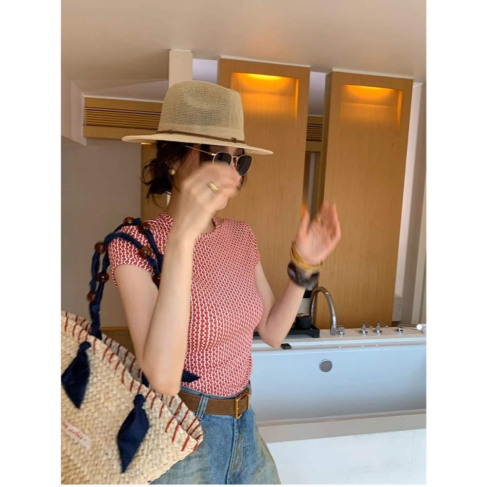 夏。極簡帶點設計 個性幾何印花 修身顯瘦小圓領短袖T恤上衣-Euphoria Store-細節圖6