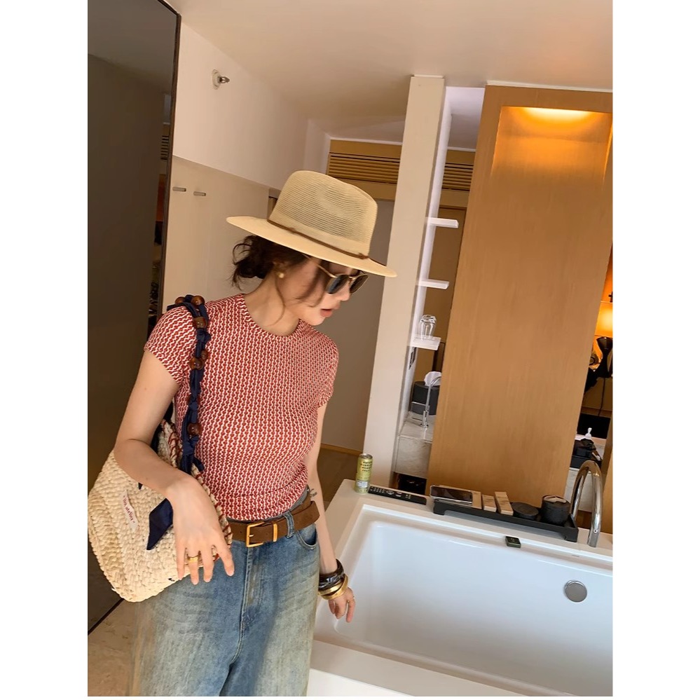 夏。極簡帶點設計 個性幾何印花 修身顯瘦小圓領短袖T恤上衣-Euphoria Store-細節圖7