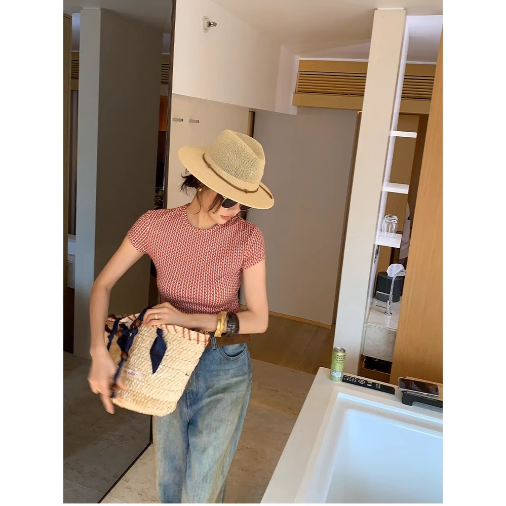 夏。極簡帶點設計 個性幾何印花 修身顯瘦小圓領短袖T恤上衣-Euphoria Store-細節圖8