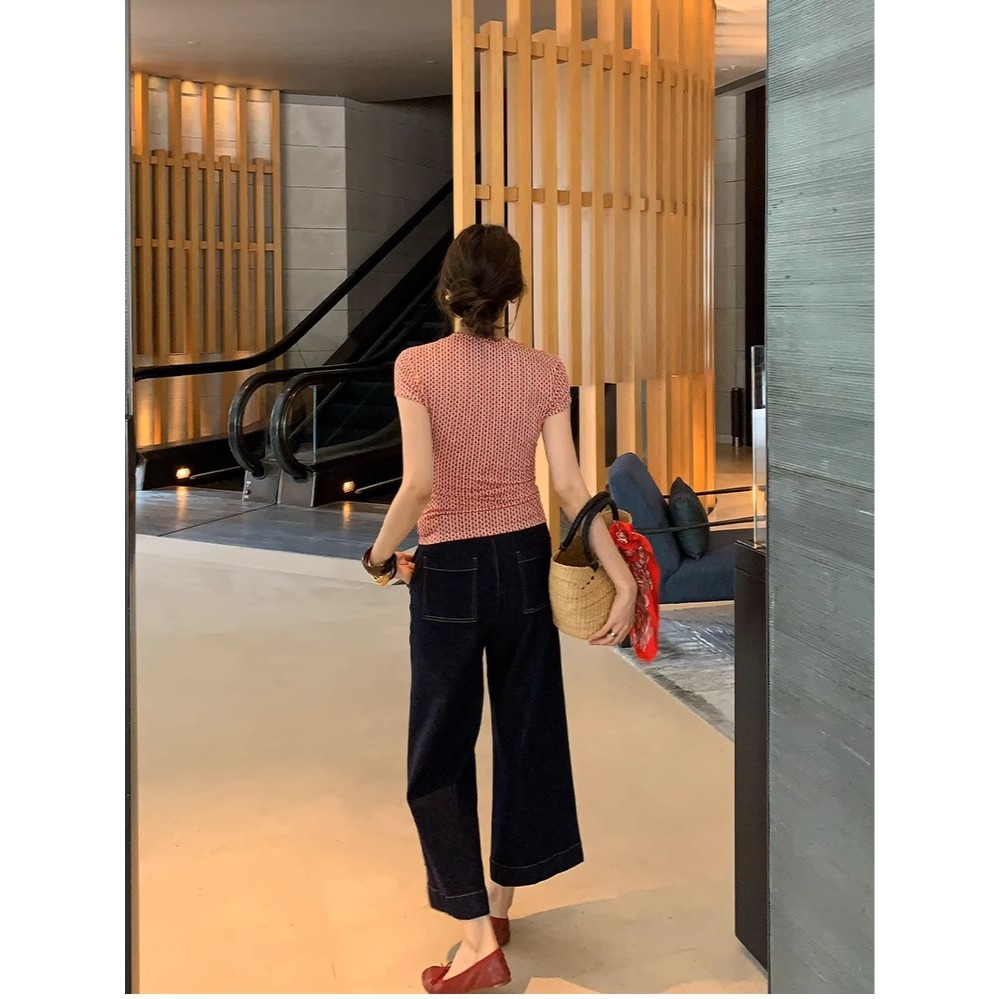 夏。極簡帶點設計 個性幾何印花 修身顯瘦小圓領短袖T恤上衣-Euphoria Store-細節圖9