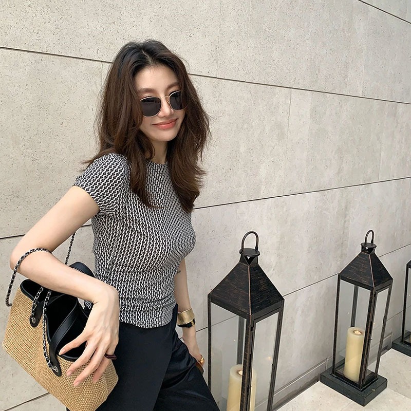 夏。極簡帶點設計 個性幾何印花 修身顯瘦小圓領短袖T恤上衣-Euphoria Store-規格圖9