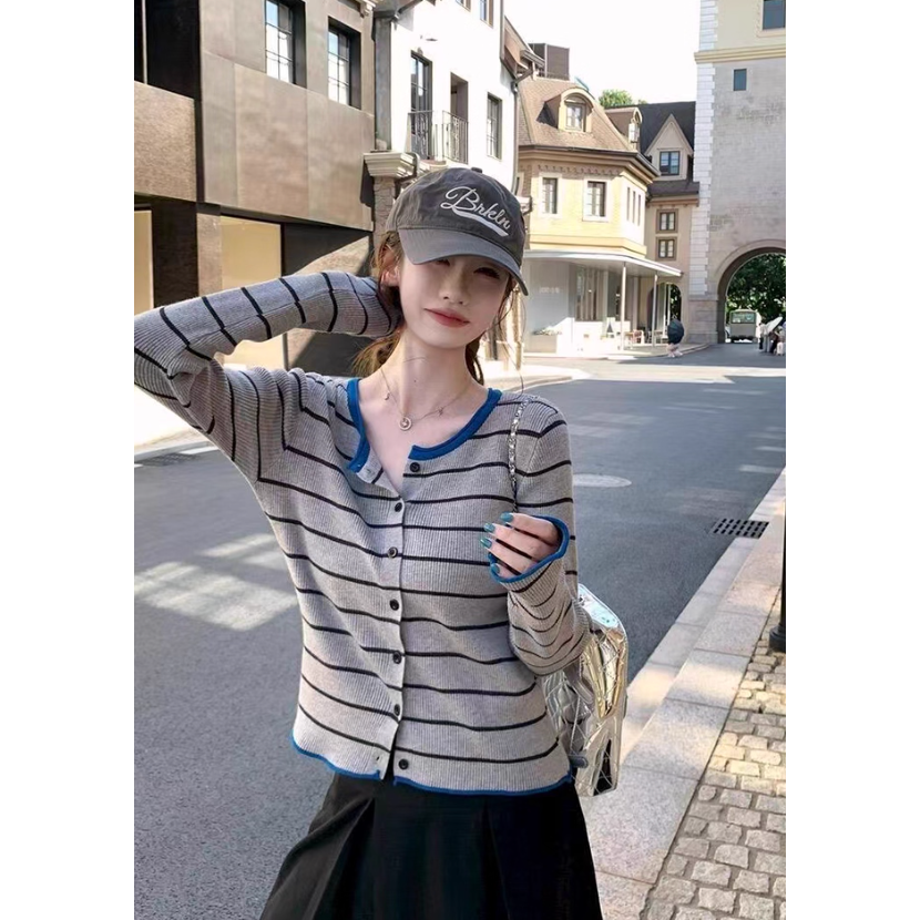 冬。韓系休閒氣質百搭 V領單排扣撞色滾邊條紋細針織長袖毛衣上衣-Euphoria Store-細節圖7