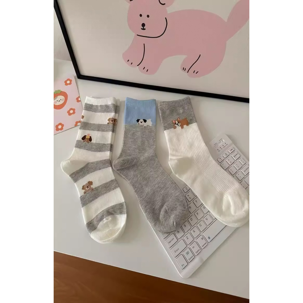 四季。日系可愛卡通小狗圖案 純棉撞色條紋中筒襪-Euphoria Store-細節圖3
