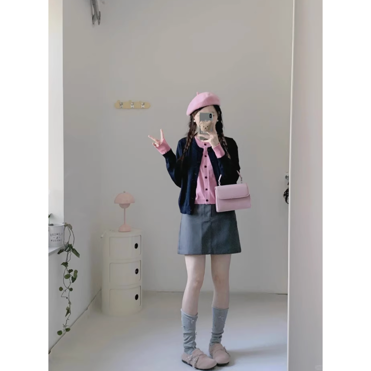 冬。甜美氣質學院風 修身顯瘦 減齡撞色假兩件單排扣長袖針織外套-Euphoria Store-細節圖6