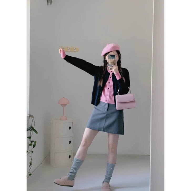 冬。甜美氣質學院風 修身顯瘦 減齡撞色假兩件單排扣長袖針織外套-Euphoria Store-細節圖7