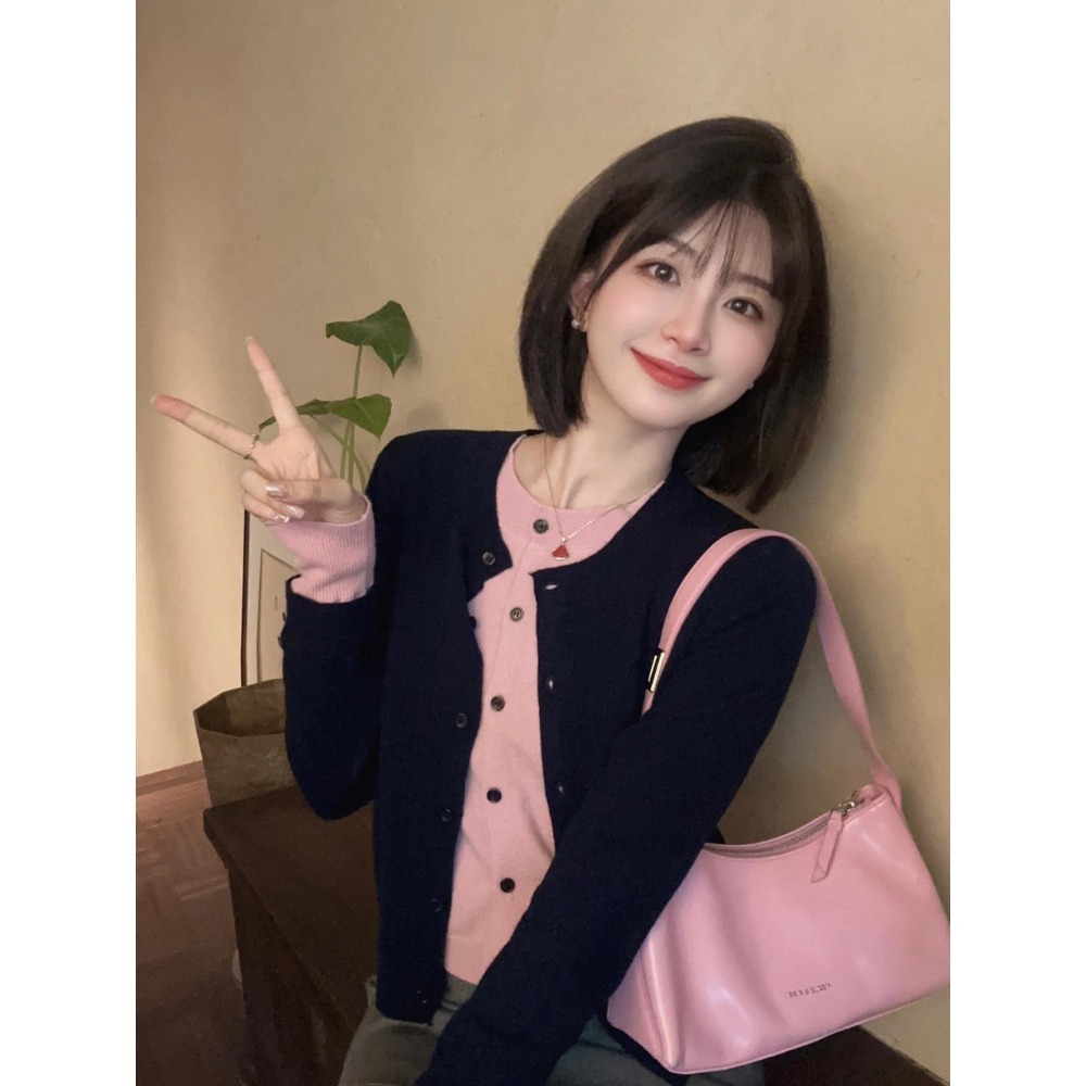 冬。甜美氣質學院風 修身顯瘦 減齡撞色假兩件單排扣長袖針織外套-Euphoria Store-規格圖11