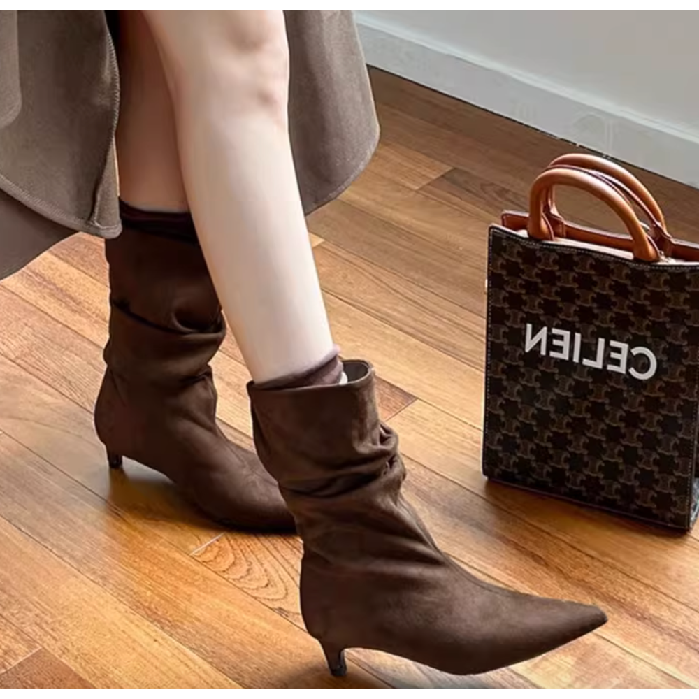 冬。簡約時尚 百搭舒適好穿好走 堆堆筒顯腿瘦 麂皮絨面尖頭低跟靴中筒靴-Euphoria Store-細節圖3