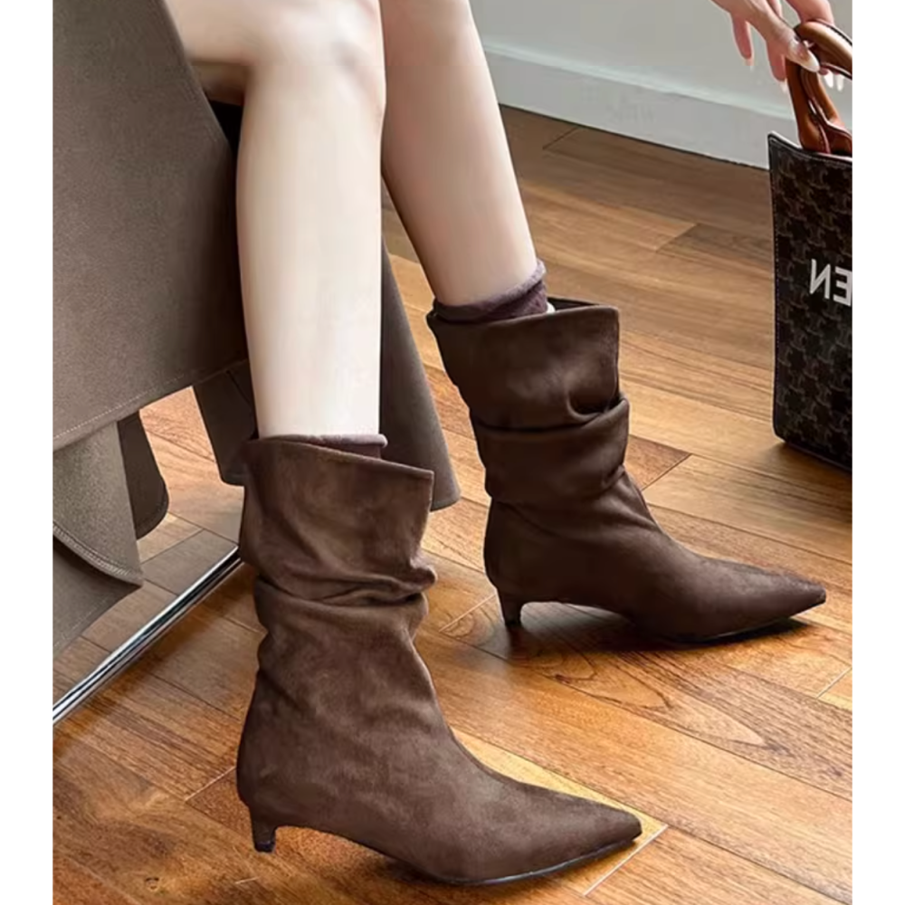 冬。簡約時尚 百搭舒適好穿好走 堆堆筒顯腿瘦 麂皮絨面尖頭低跟靴中筒靴-Euphoria Store-細節圖4