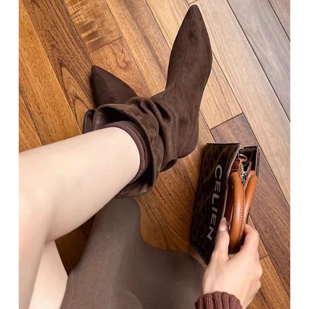 冬。簡約時尚 百搭舒適好穿好走 堆堆筒顯腿瘦 麂皮絨面尖頭低跟靴中筒靴-Euphoria Store-細節圖6