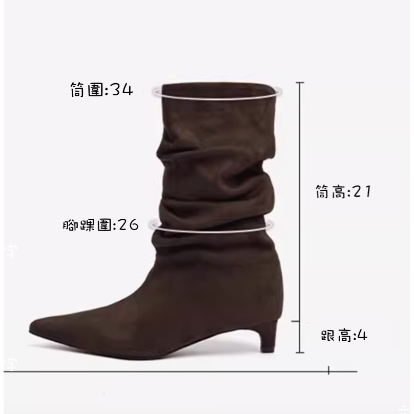 冬。簡約時尚 百搭舒適好穿好走 堆堆筒顯腿瘦 麂皮絨面尖頭低跟靴中筒靴-Euphoria Store-細節圖7