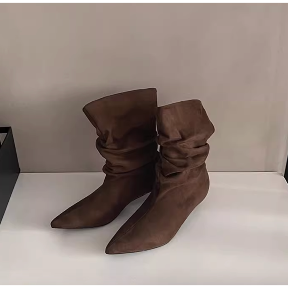 冬。簡約時尚 百搭舒適好穿好走 堆堆筒顯腿瘦 麂皮絨面尖頭低跟靴中筒靴-Euphoria Store-細節圖9