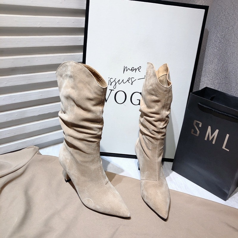 冬。簡約時尚 性感個性 磨砂手感絨 褶皺堆堆筒顯腿長 尖頭中跟靴中筒靴-Euphoria Store-細節圖3