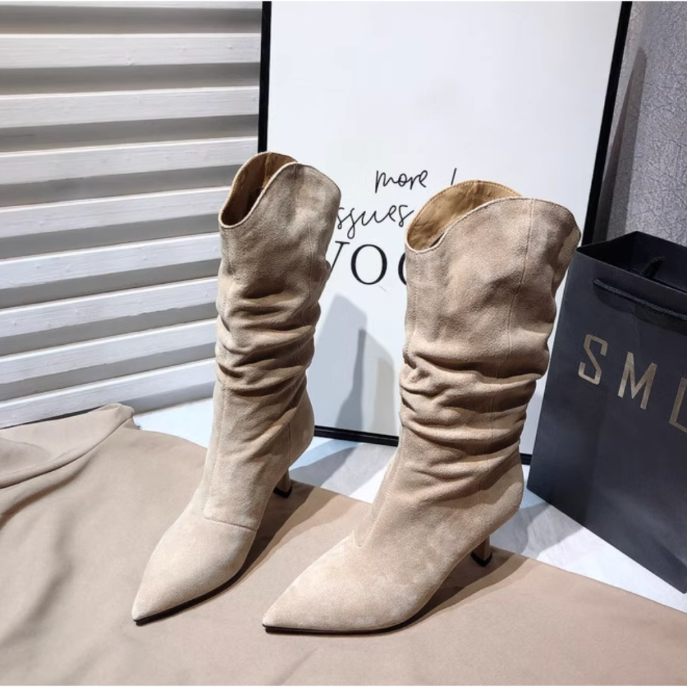 冬。簡約時尚 性感個性 磨砂手感絨 褶皺堆堆筒顯腿長 尖頭中跟靴中筒靴-Euphoria Store-細節圖4