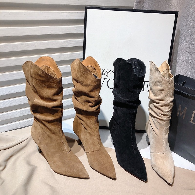 冬。簡約時尚 性感個性 磨砂手感絨 褶皺堆堆筒顯腿長 尖頭中跟靴中筒靴-Euphoria Store-細節圖6