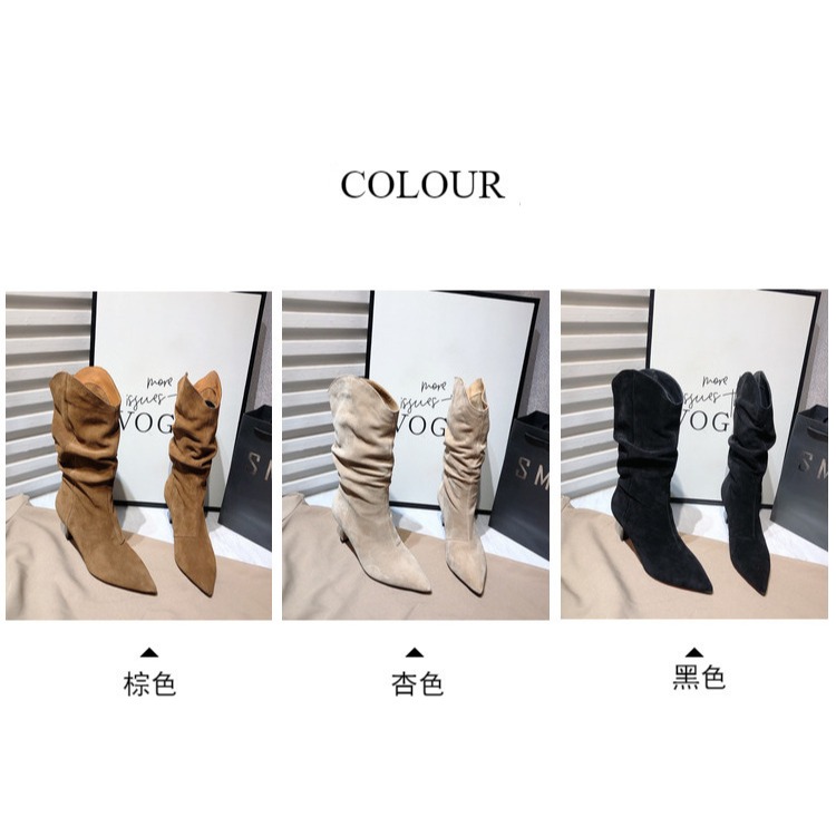 冬。簡約時尚 性感個性 磨砂手感絨 褶皺堆堆筒顯腿長 尖頭中跟靴中筒靴-Euphoria Store-細節圖10