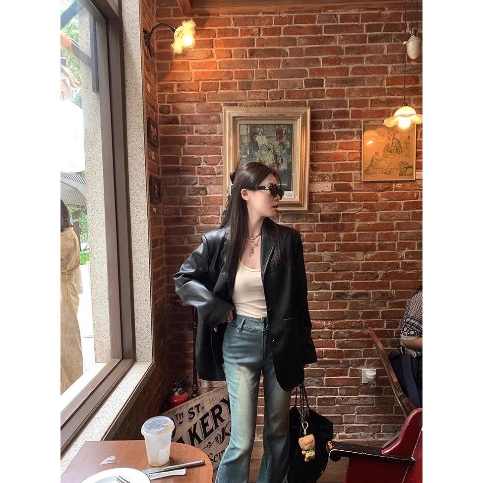 冬。帥氣高冷感 時尚復古個性 西裝外套 P U 皮外套-Euphoria Store-細節圖5
