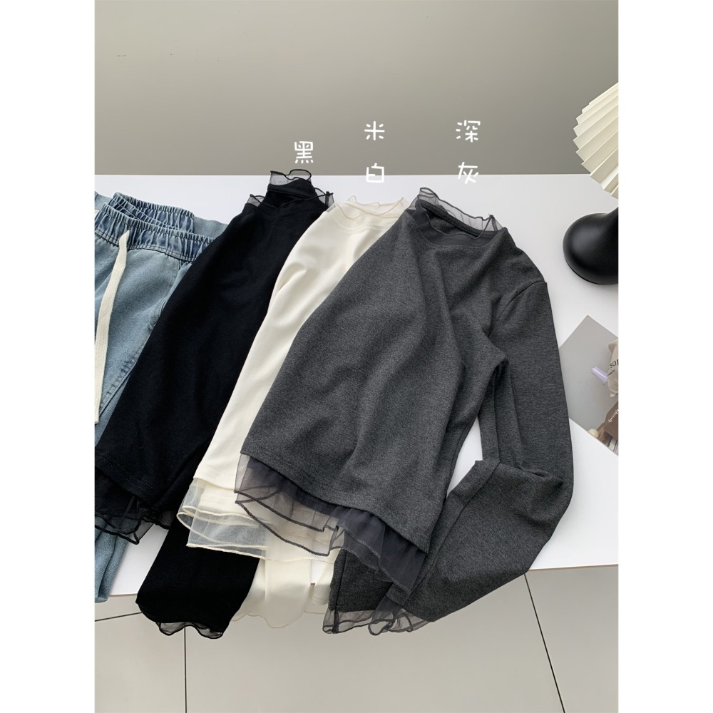 秋。基礎百搭款 單穿打底都可以 洋氣精緻 網紗滾邊圓領長袖T恤上衣(M-2XL)-Euphoria Store-細節圖2