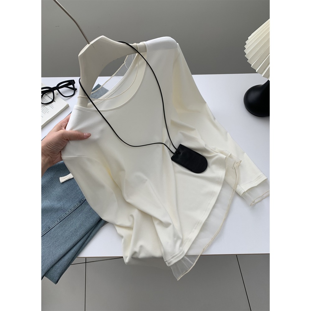 秋。基礎百搭款 單穿打底都可以 洋氣精緻 網紗滾邊圓領長袖T恤上衣(M-2XL)-Euphoria Store-細節圖9