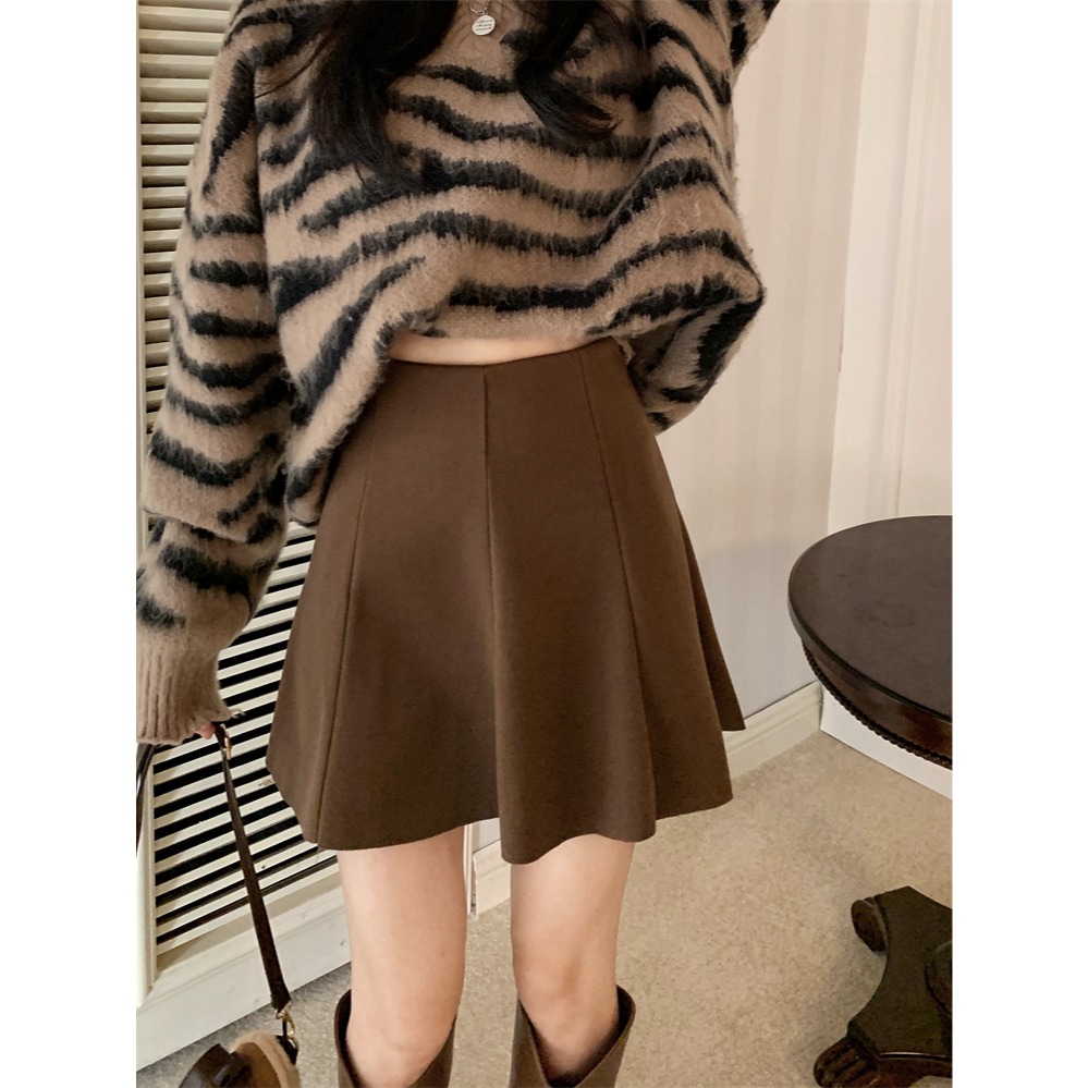冬。氣質甜美小姊姊 保暖顯瘦打褶遮跨高腰A字毛呢裙短裙（自帶安全褲）-Euphoria Store-細節圖2
